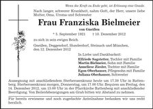 Traueranzeige Franziska Bielmeier