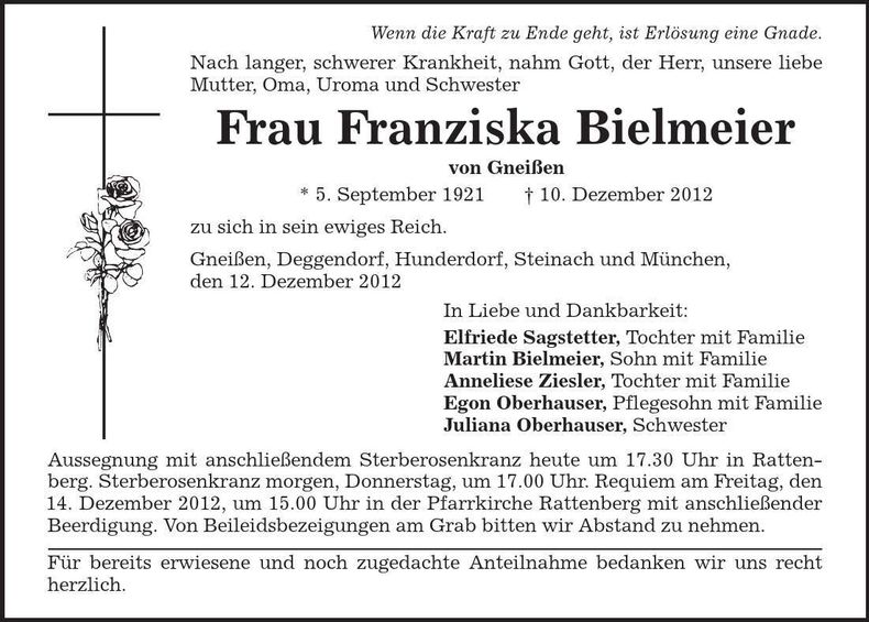 Traueranzeige Franziska Bielmeier