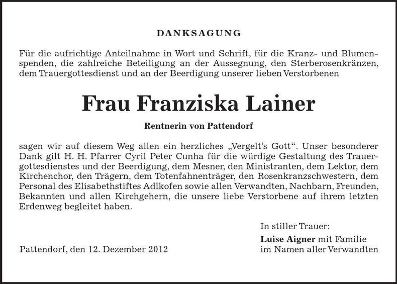Traueranzeige Franziska Lainer