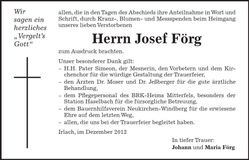 Traueranzeige Josef Förg