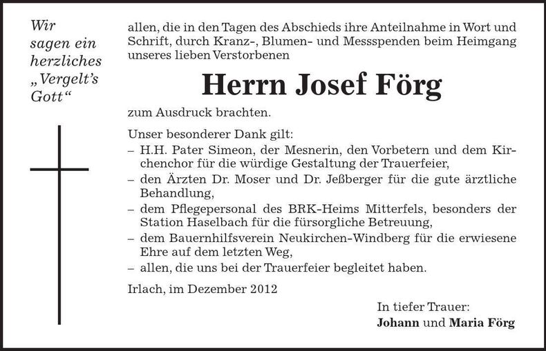 Traueranzeige Josef Förg