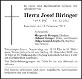 Traueranzeige Josef Biringer