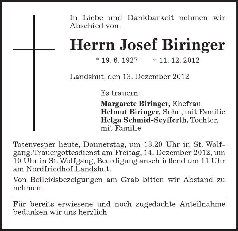 Traueranzeige Josef Biringer