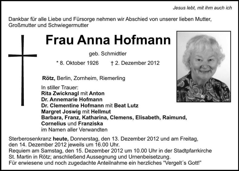 Traueranzeige Anna Hofmann
