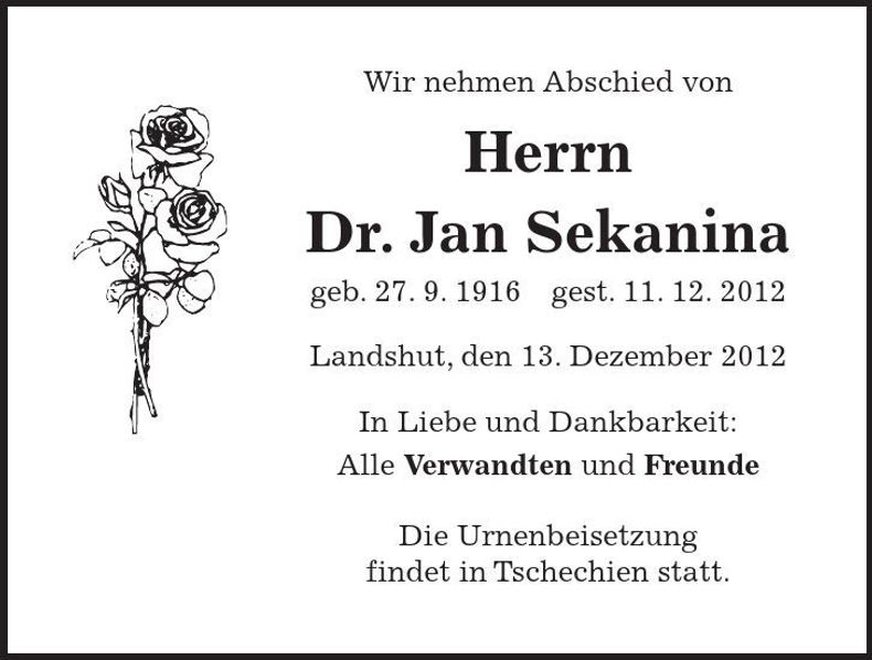 Traueranzeige Jan Sekanina