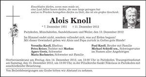 Traueranzeige Alois Knoll