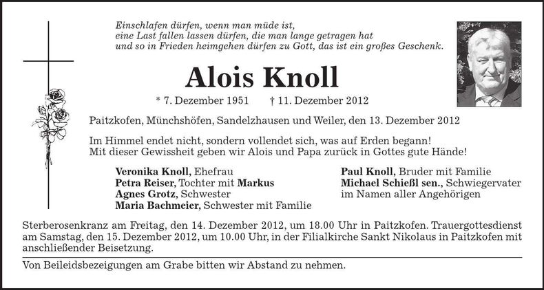 Traueranzeige Alois Knoll