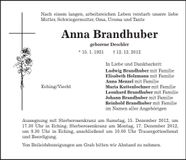 Traueranzeige Anna Brandhuber