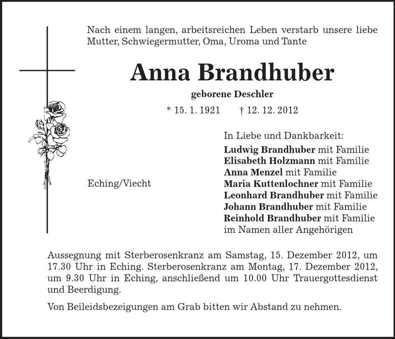 Traueranzeige Anna Brandhuber
