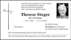 Traueranzeige Therese Steger