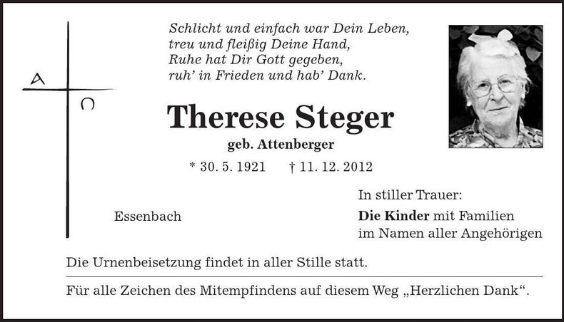 Traueranzeige Therese Steger