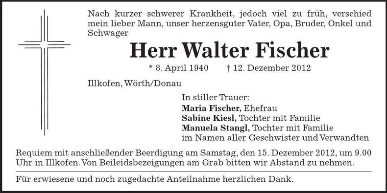 Traueranzeige Walter Fischer
