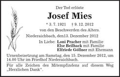 Traueranzeige Josef Mies