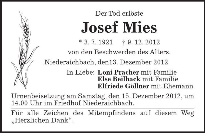 Traueranzeige Josef Mies