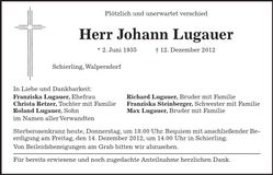 Traueranzeige Johann Lugauer