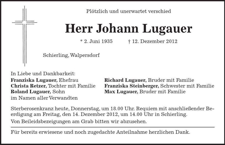 Traueranzeige Johann Lugauer