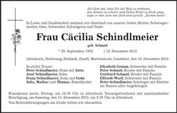 Traueranzeige Cäcilia Schindlmeier