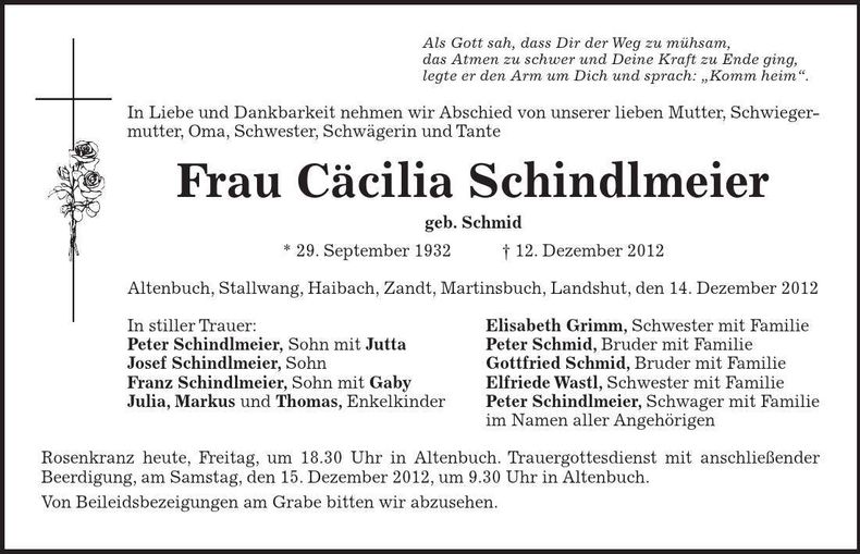 Traueranzeige Cäcilia Schindlmeier