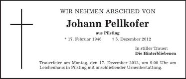 Traueranzeige Johann Pellkofer