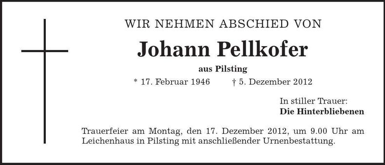 Traueranzeige Johann Pellkofer