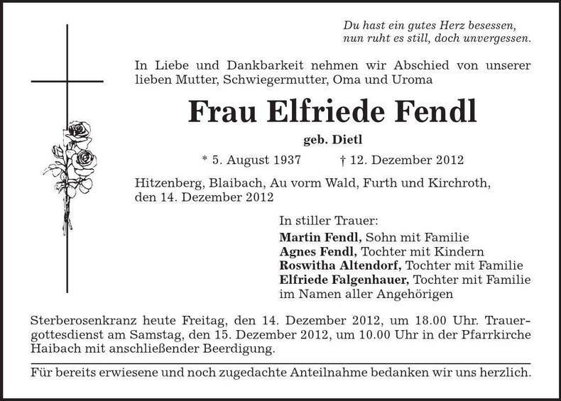 Traueranzeige Elfriede Fendl