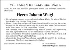 Traueranzeige Johann Weigl