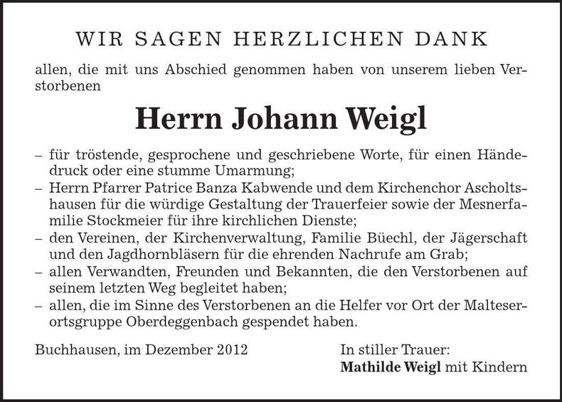 Traueranzeige Johann Weigl