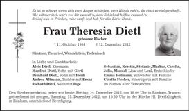 Traueranzeige Theresia Dietl