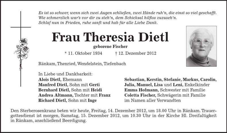 Traueranzeige Theresia Dietl