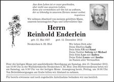 Traueranzeige Reinhold Enderlein