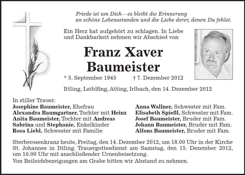 Traueranzeige Xaver Baumeister