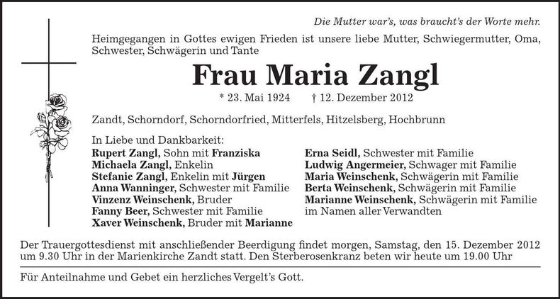 Traueranzeige Maria Zangl