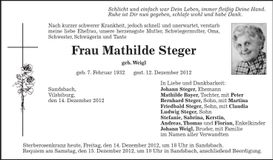Traueranzeige Mathilde Steger