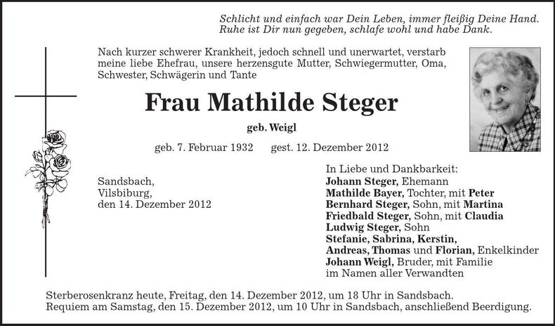 Traueranzeige Mathilde Steger