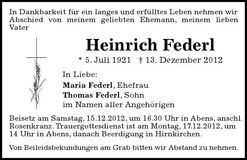Traueranzeige Heinrich Federl