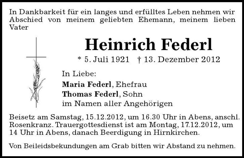 Traueranzeige Heinrich Federl