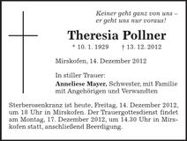 Traueranzeige Theresia Pollner