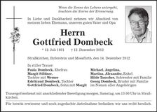 Traueranzeige Gottfried Dombeck