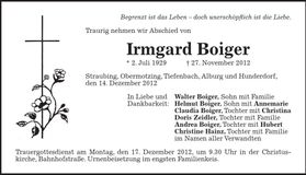 Traueranzeige Irmgard Boiger