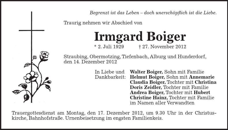 Traueranzeige Irmgard Boiger