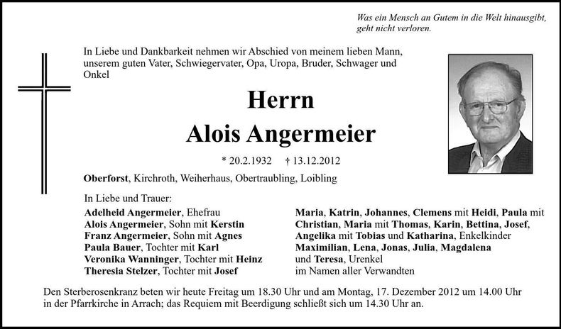 Traueranzeige Alois Angermeier