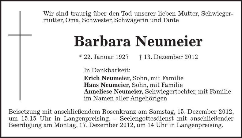 Traueranzeige Barbara Neumeier