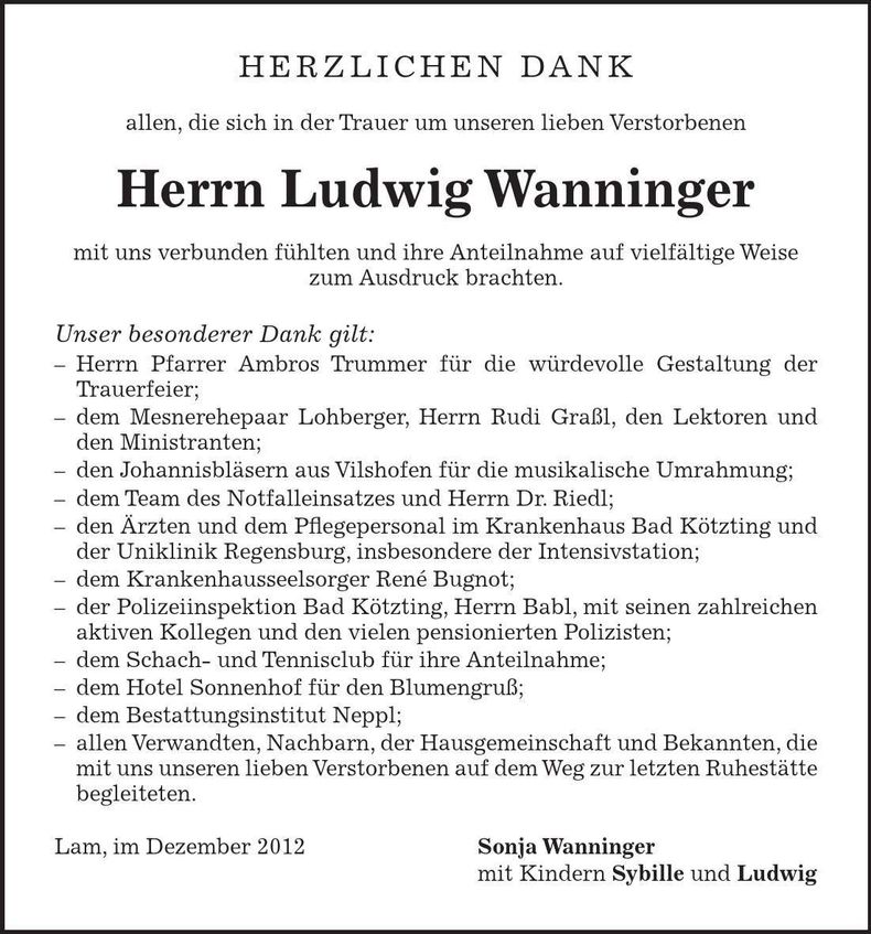 Traueranzeige Ludwig Wanninger