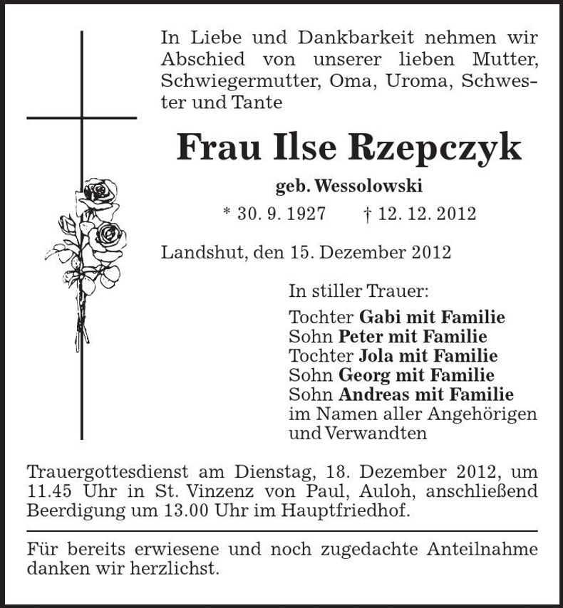 Traueranzeige Ilse Rzepczyk