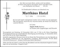 Traueranzeige Matthäus Hatzl