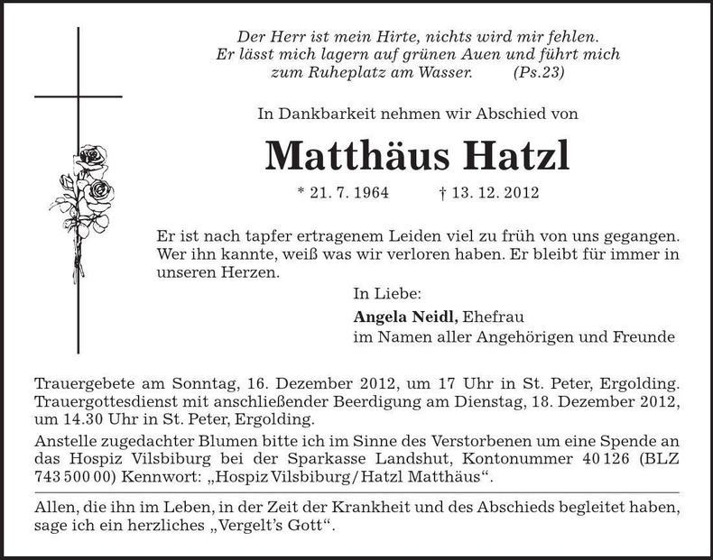 Traueranzeige Matthäus Hatzl
