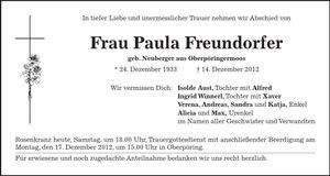 Traueranzeige Paula Freundorfer