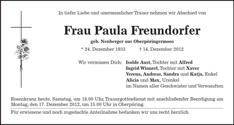 Traueranzeige Paula Freundorfer