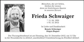 Traueranzeige Frieda Schwaiger