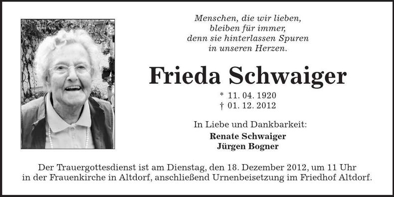 Traueranzeige Frieda Schwaiger
